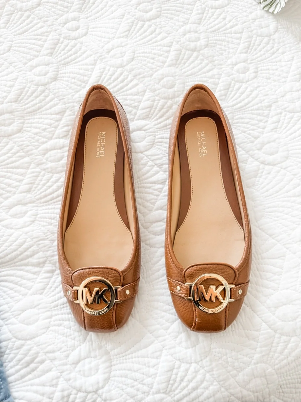 Michael Kors Women's Tan Leather Ballet driving moccasin with MK Gold Accent